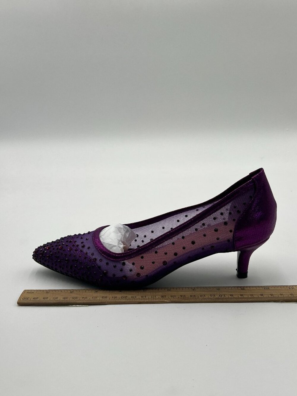 XYD Purple Pointed Closed Toe Slip On Rhinestone Graceful Mesh Kitten Heel Pumps